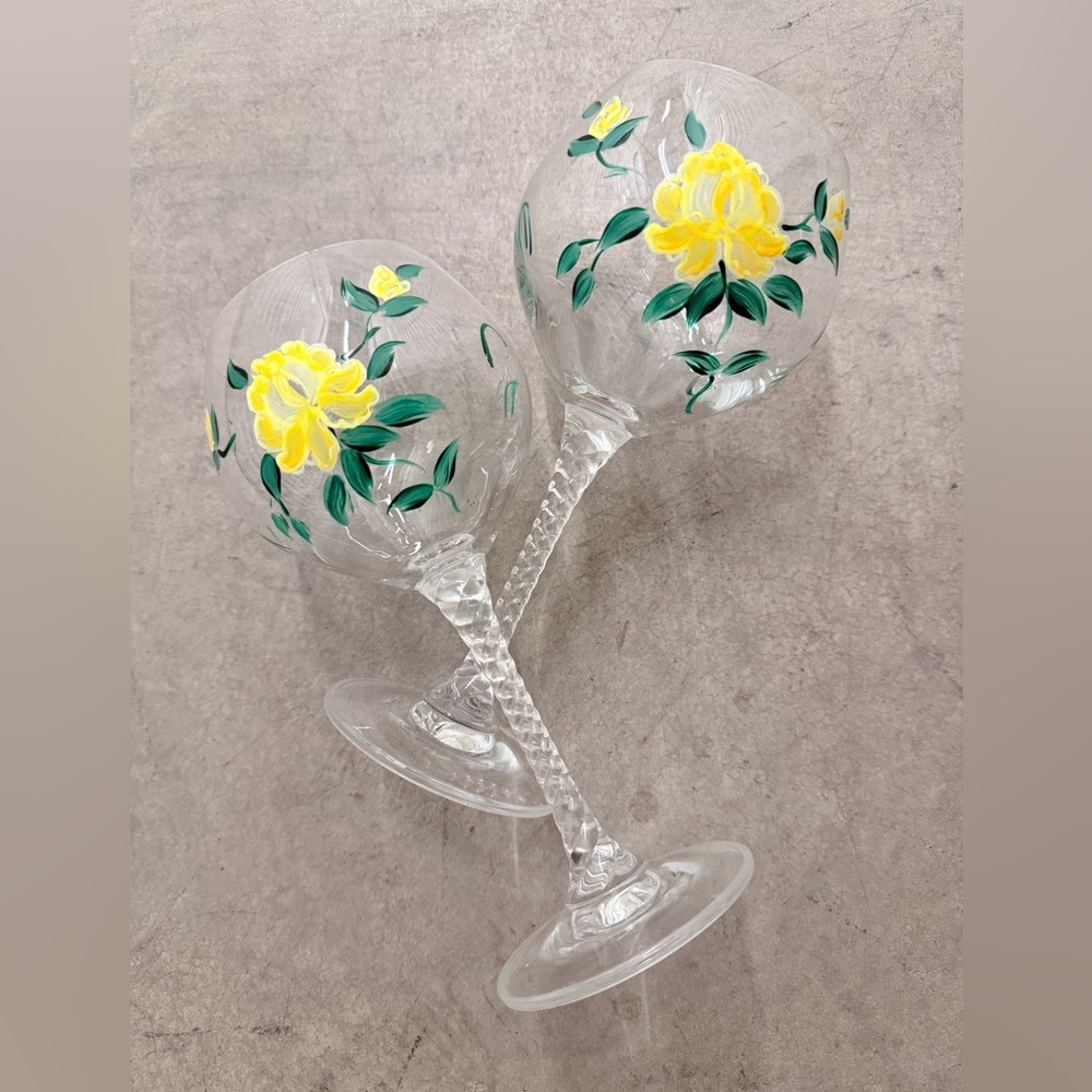 Set of 2 Yellow Hand Painted Flower Crystal Wine Glasses w Spiral Stem